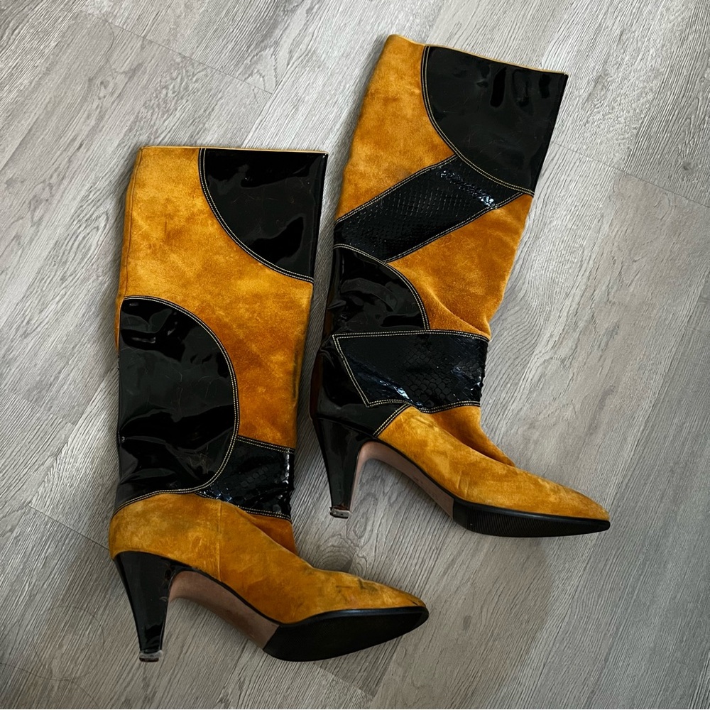 Women's Mustard Suede and Black Patent Mid-Heel Boots
